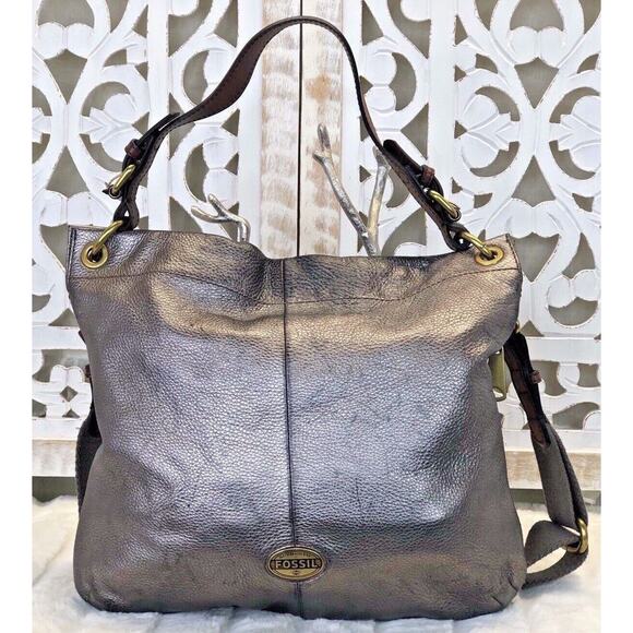 FOSSIL Metallic Silver Pewter Leather EXPLORER HOBO Convertible Handbag Purse - Picture 2 of 12